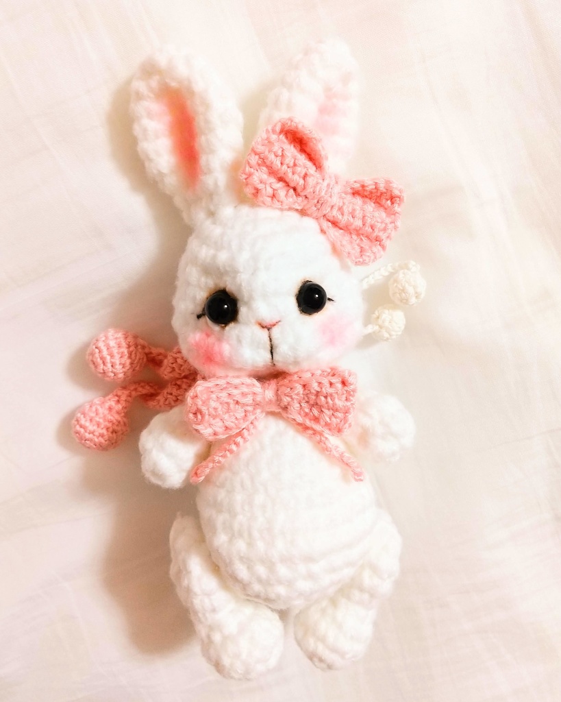 ✿ あみぐるみうさぎ * リボンと2wayマフラー付き * White × Baby Pink ✿