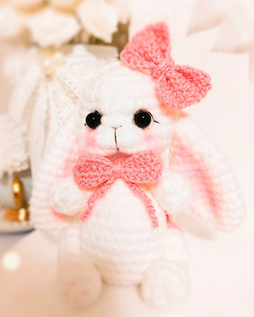 ✿ あみぐるみうさぎ * リボンと2wayマフラー付き * White × Peach Pink ✿