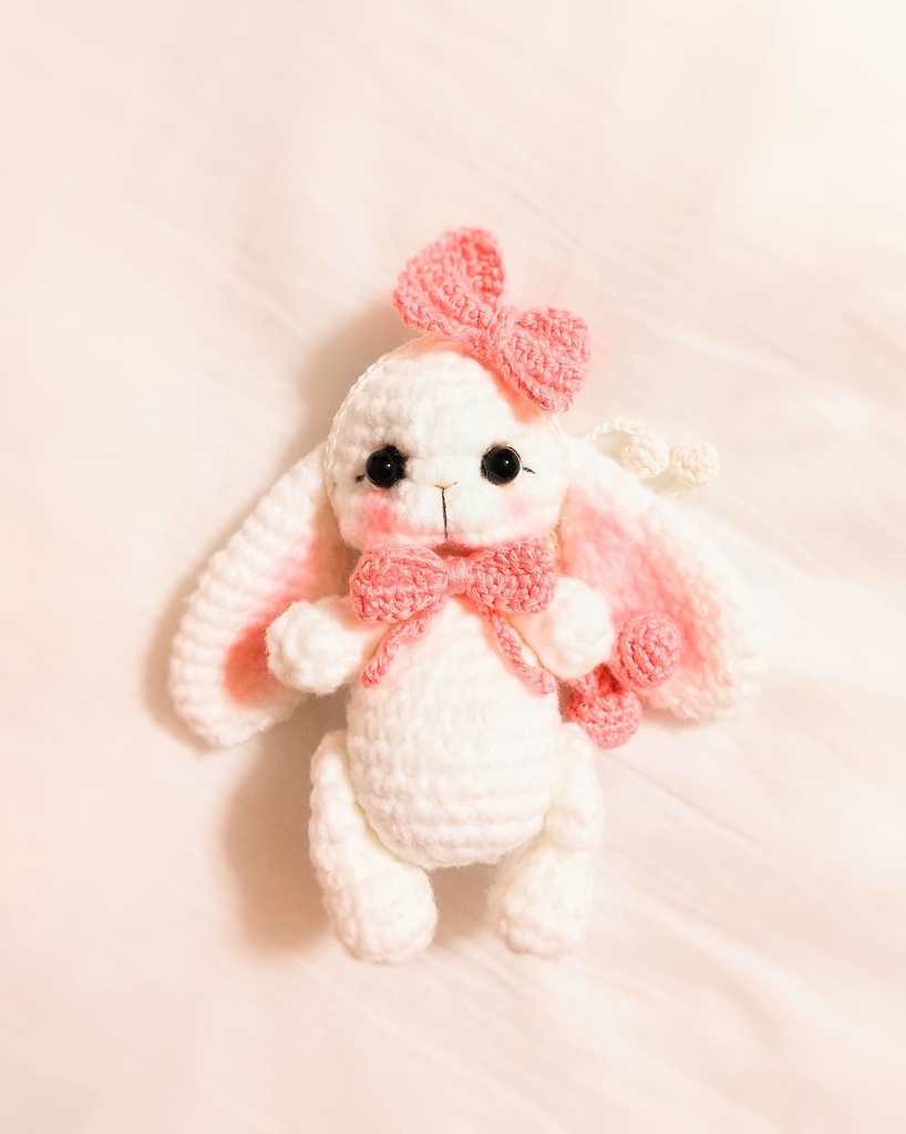 ✿ あみぐるみうさぎ * リボンと2wayマフラー付き * White × Peach Pink ✿
