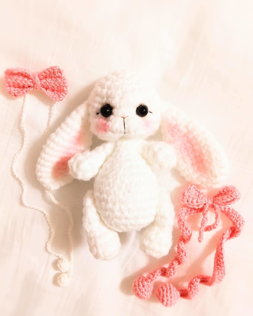 ✿ あみぐるみうさぎ * リボンと2wayマフラー付き * White × Peach Pink ✿