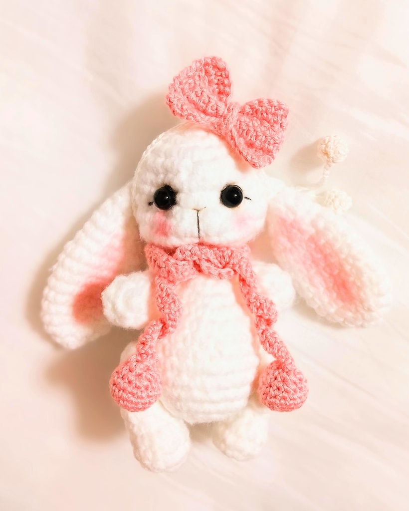 ✿ あみぐるみうさぎ * リボンと2wayマフラー付き * White × Peach Pink ✿