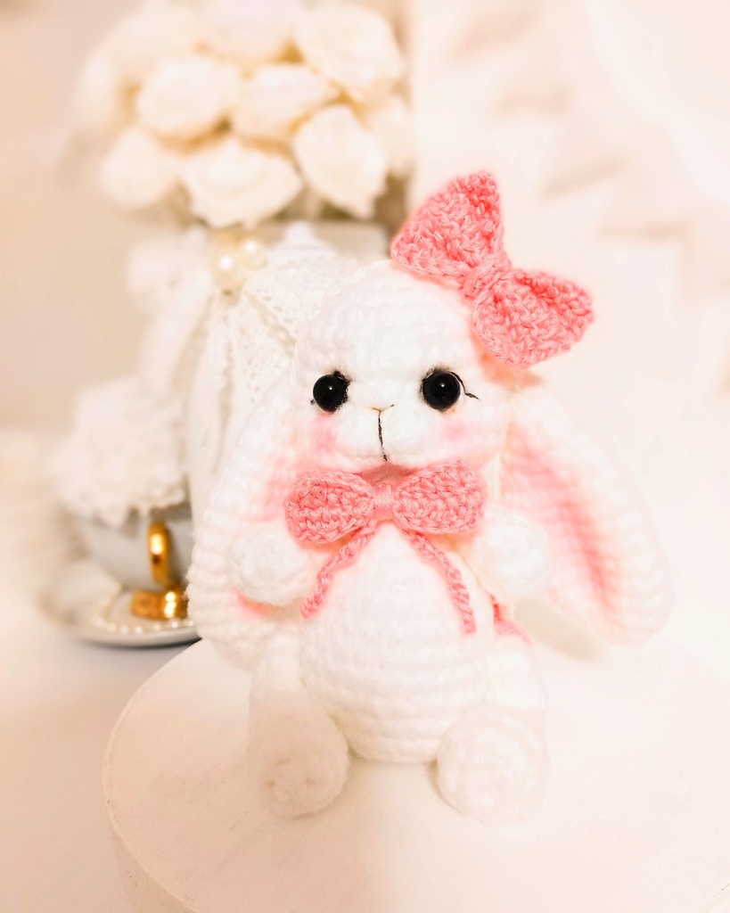 ✿ あみぐるみうさぎ * リボンと2wayマフラー付き * White × Peach Pink ✿