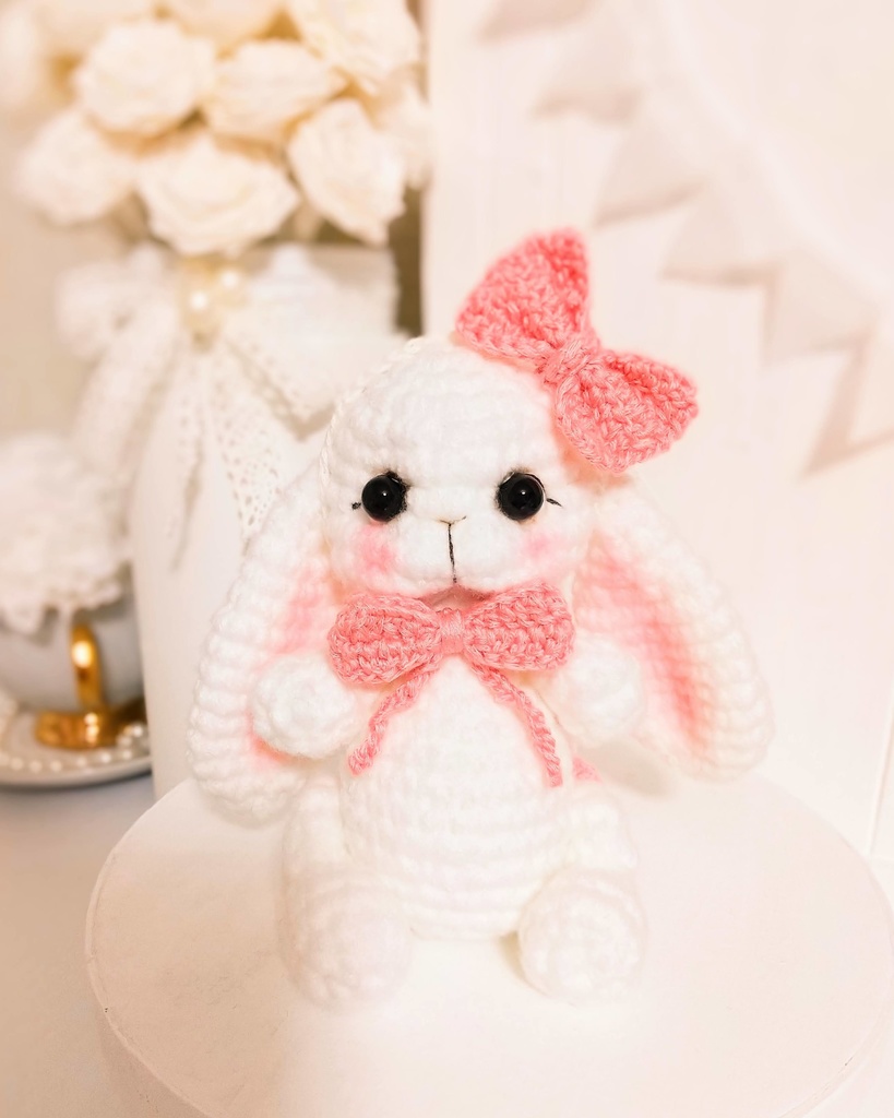 ✿ あみぐるみうさぎ * リボンと2wayマフラー付き * White × Peach Pink ✿