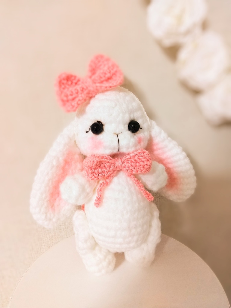 ✿ あみぐるみうさぎ * リボンと2wayマフラー付き * White × Peach Pink ✿