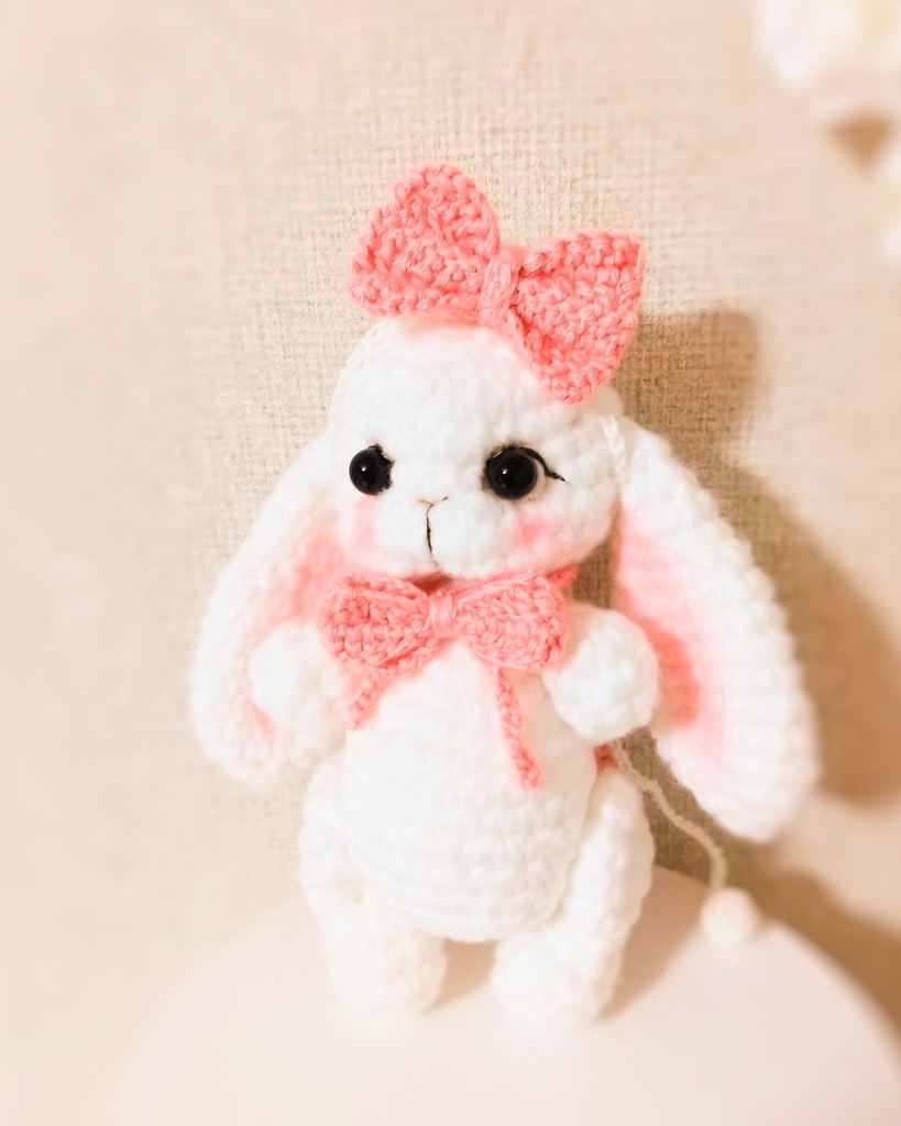 ✿ あみぐるみうさぎ * リボンと2wayマフラー付き * White × Peach Pink ✿