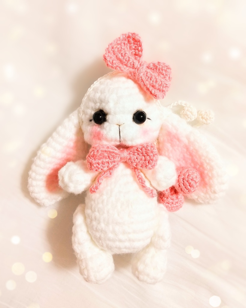 ✿ あみぐるみうさぎ * リボンと2wayマフラー付き * White × Peach Pink ✿