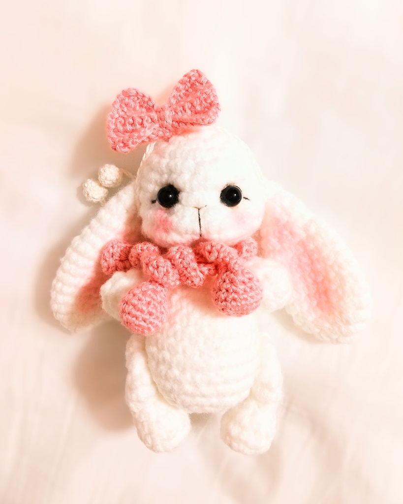 ✿ あみぐるみうさぎ * リボンと2wayマフラー付き * White × Peach Pink ✿