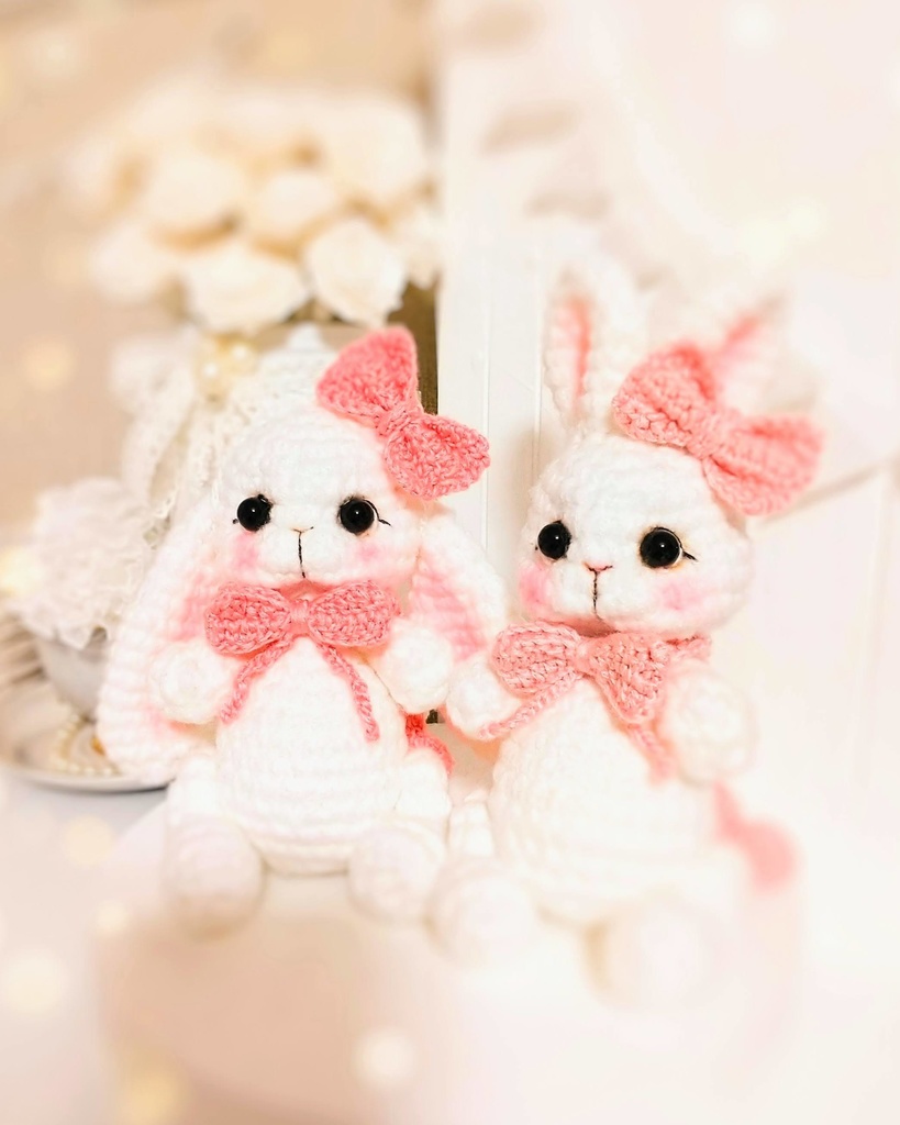 ✿ あみぐるみうさぎ * リボンと2wayマフラー付き * White × Peach Pink ✿