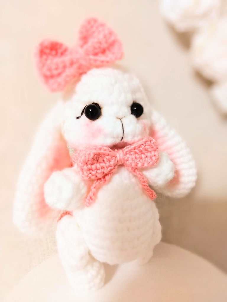 ✿ あみぐるみうさぎ * リボンと2wayマフラー付き * White × Peach Pink ✿