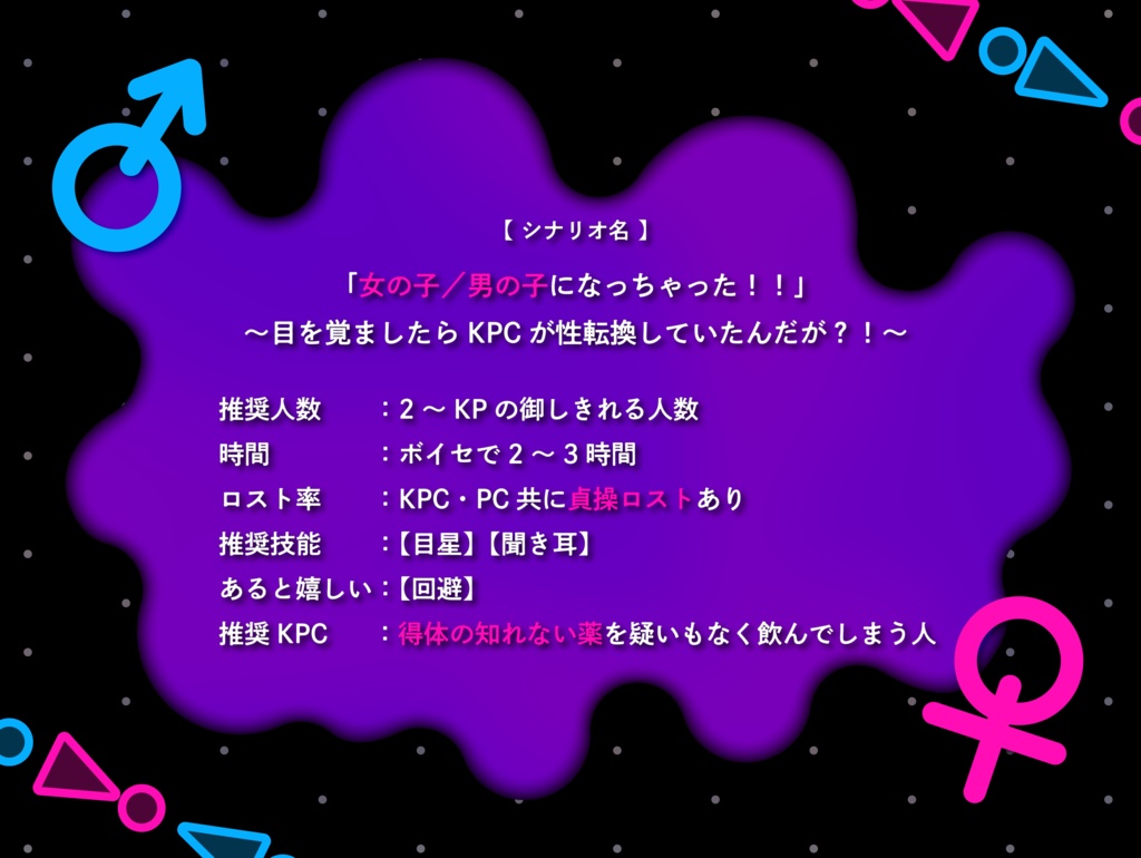 【CoCシナリオ】「女の子/男の子になっちゃった!!」 ~目を覚ましたらKPCが性転換していたんだが?!~SPLL:E192755