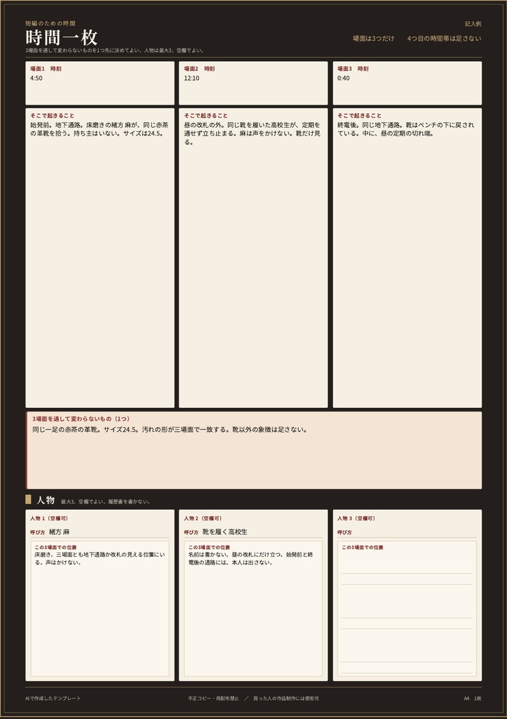 場面は3つ。時間一枚シート(短編ノベル用)