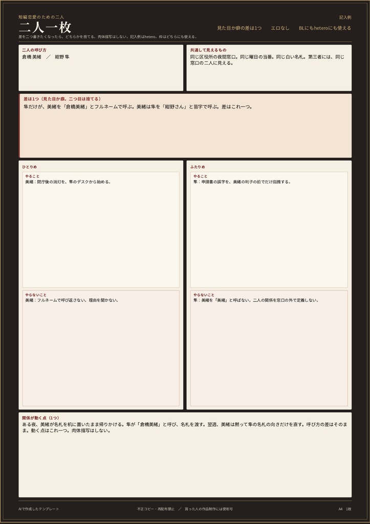 差は1つ。二人一枚シート(短編恋愛用)
