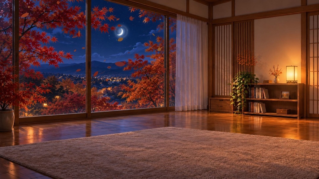 【配信背景】紅葉が舞う和モダンの部屋|昼・夕・夜 動くループ素材