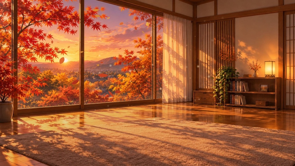 【配信背景】紅葉が舞う和モダンの部屋|昼・夕・夜 動くループ素材