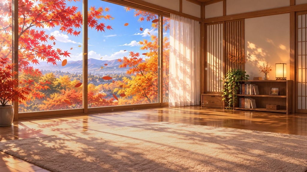 【配信背景】紅葉が舞う和モダンの部屋|昼・夕・夜 動くループ素材