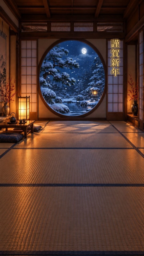 【配信背景・縦型対応】雪が降る丸窓の和室|横+縦・謹賀新年入り 動くループ素材