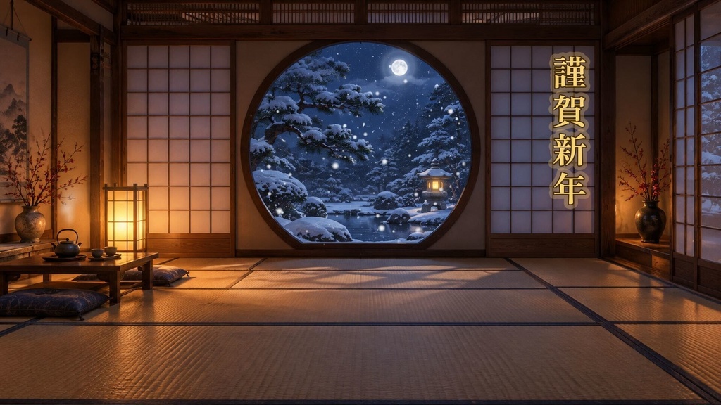 【配信背景・縦型対応】雪が降る丸窓の和室|横+縦・謹賀新年入り 動くループ素材