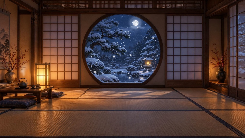 【配信背景・縦型対応】雪が降る丸窓の和室|横+縦・謹賀新年入り 動くループ素材