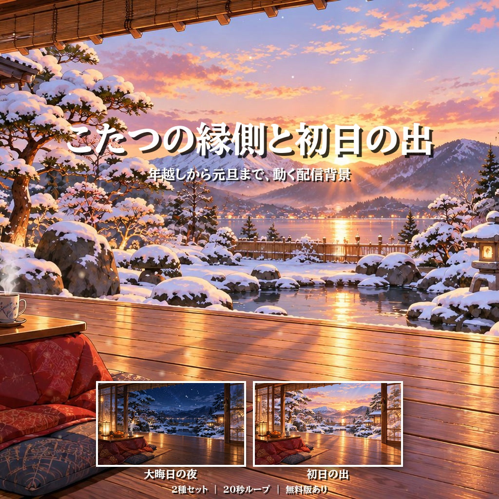 【配信背景】こたつの縁側と初日の出｜大晦日の夜・元旦 動くループ素材