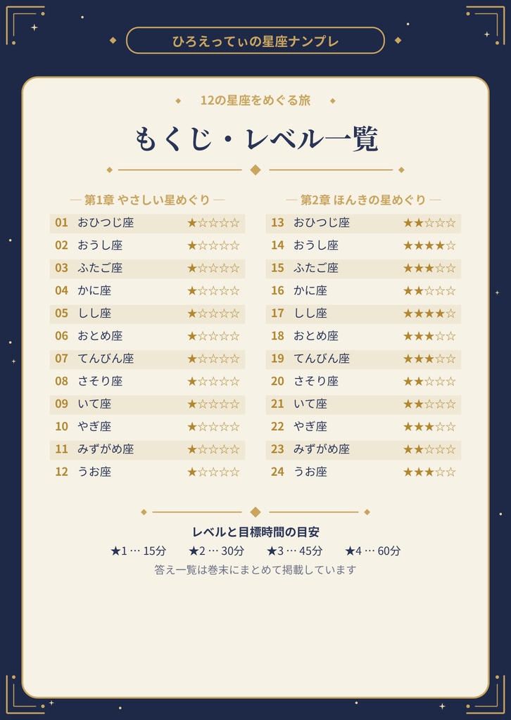 ひろえってぃの星座ナンプレ 第1集|全24問・PDF/HTML