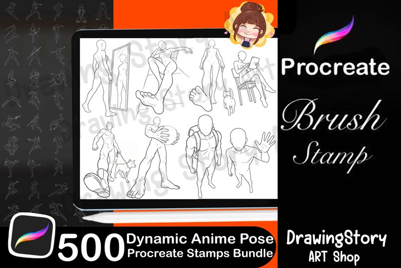500 Dynamic Anime Pose Stamps for Procreate | Action, Fight, Manga Reference (iPad Drawing Tool)