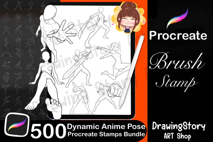 500 Dynamic Anime Pose Stamps for Procreate | Action, Fight, Manga Reference (iPad Drawing Tool)