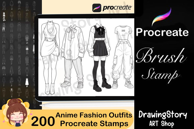 200 Anime Korean Fashion Outfit Procreate Stamps | K-Fashion Line Art Outfit Brushes 2025 | Anime Clothing Stamp Pack
