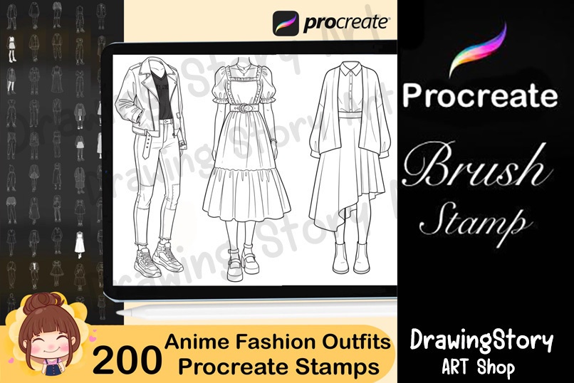 200 Anime Korean Fashion Outfit Procreate Stamps | K-Fashion Line Art Outfit Brushes 2025 | Anime Clothing Stamp Pack