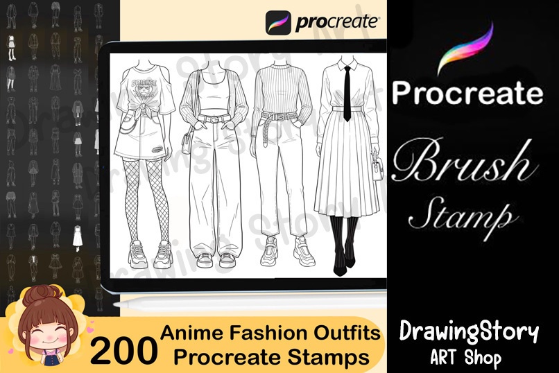 200 Anime Korean Fashion Outfit Procreate Stamps | K-Fashion Line Art Outfit Brushes 2025 | Anime Clothing Stamp Pack