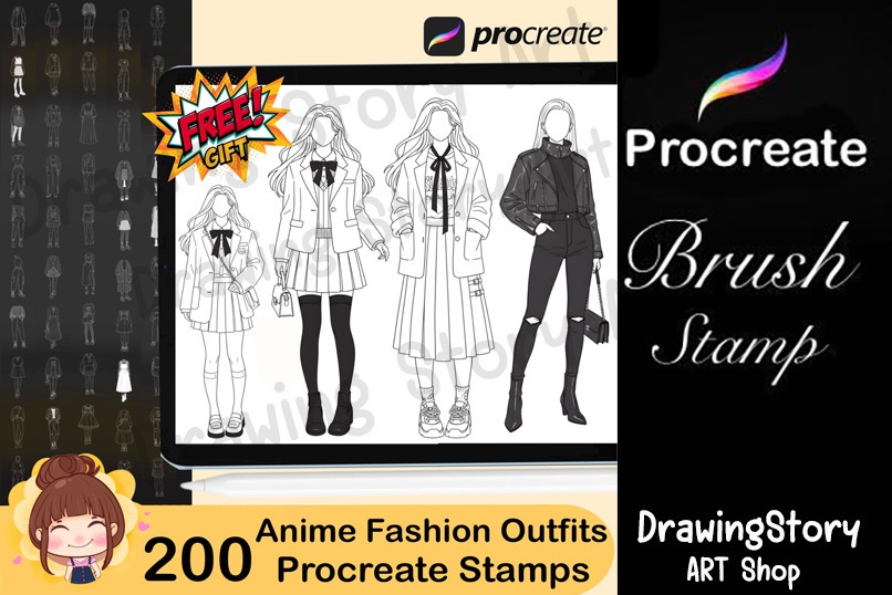 200 Anime Korean Fashion Outfit Procreate Stamps | K-Fashion Line Art Outfit Brushes 2025 | Anime Clothing Stamp Pack