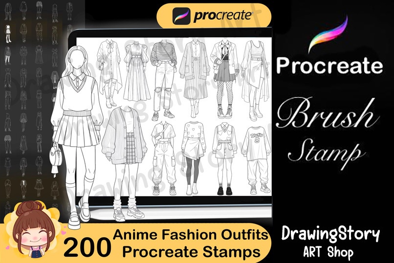 200 Anime Korean Fashion Outfit Procreate Stamps | K-Fashion Line Art Outfit Brushes 2025 | Anime Clothing Stamp Pack