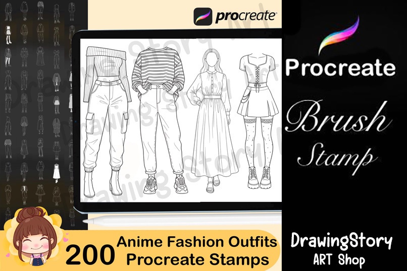 200 Anime Korean Fashion Outfit Procreate Stamps | K-Fashion Line Art Outfit Brushes 2025 | Anime Clothing Stamp Pack