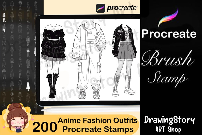 200 Anime Korean Fashion Outfit Procreate Stamps | K-Fashion Line Art Outfit Brushes 2025 | Anime Clothing Stamp Pack