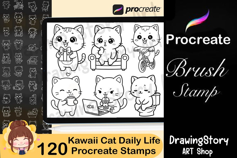 120 Kawaii Cat Daily Life Procreate Stamp Brushes | Cute Cat Planner Stickers | Commercial Use