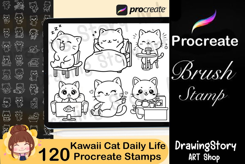 120 Kawaii Cat Daily Life Procreate Stamp Brushes | Cute Cat Planner Stickers | Commercial Use