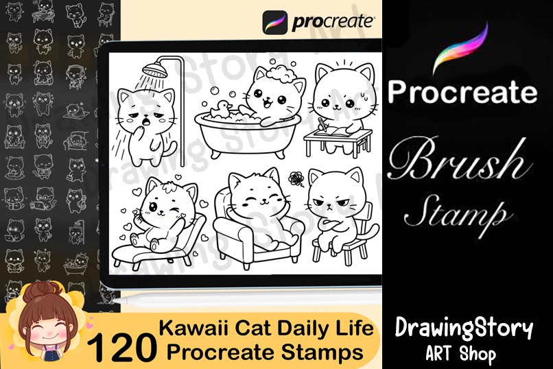 120 Kawaii Cat Daily Life Procreate Stamp Brushes | Cute Cat Planner Stickers | Commercial Use