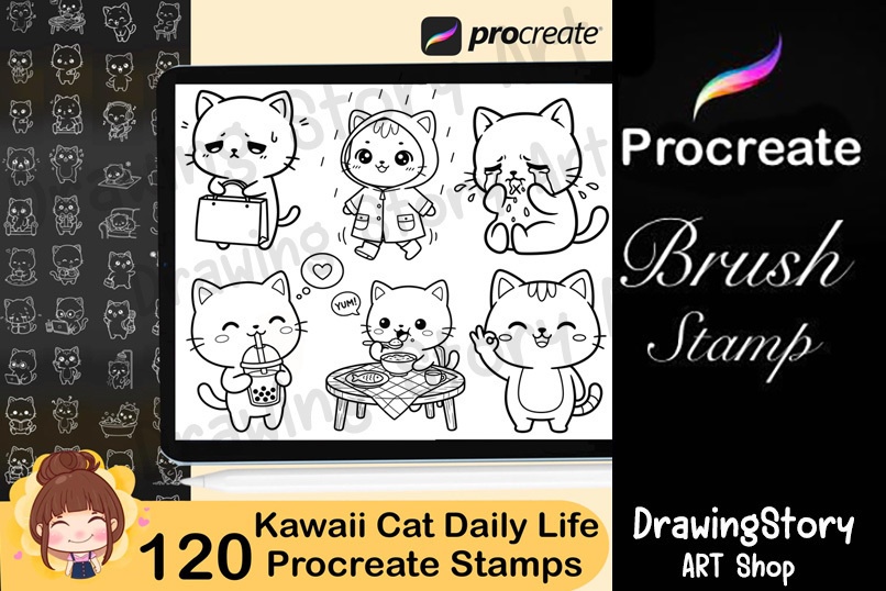 120 Kawaii Cat Daily Life Procreate Stamp Brushes | Cute Cat Planner Stickers | Commercial Use