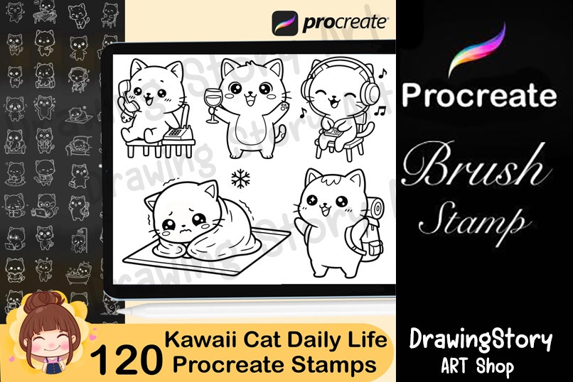 120 Kawaii Cat Daily Life Procreate Stamp Brushes | Cute Cat Planner Stickers | Commercial Use