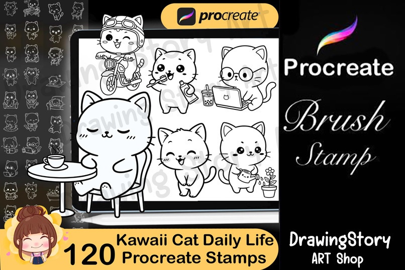 120 Kawaii Cat Daily Life Procreate Stamp Brushes | Cute Cat Planner Stickers | Commercial Use