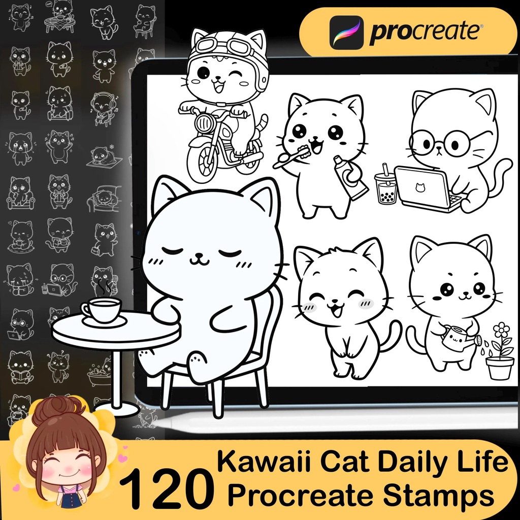 120 Kawaii Cat Daily Life Procreate Stamp Brushes | Cute Cat Planner Stickers | Commercial Use