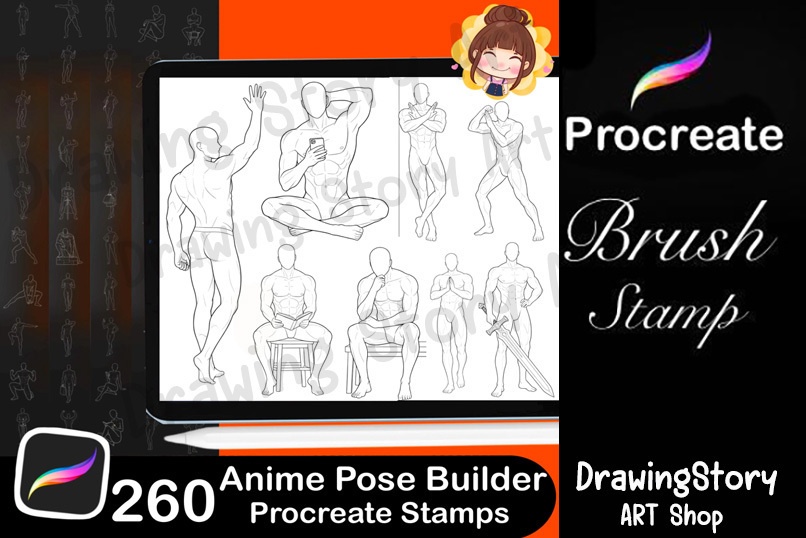 260 Anime Manga Body Poses for Procreate | Male Female Dynamic Stamps (Digital Download)