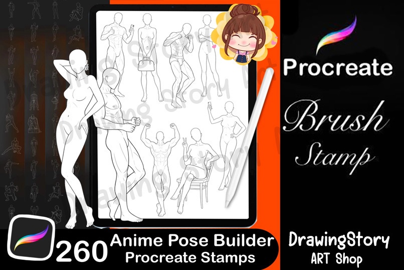 260 Anime Manga Body Poses for Procreate | Male Female Dynamic Stamps (Digital Download)