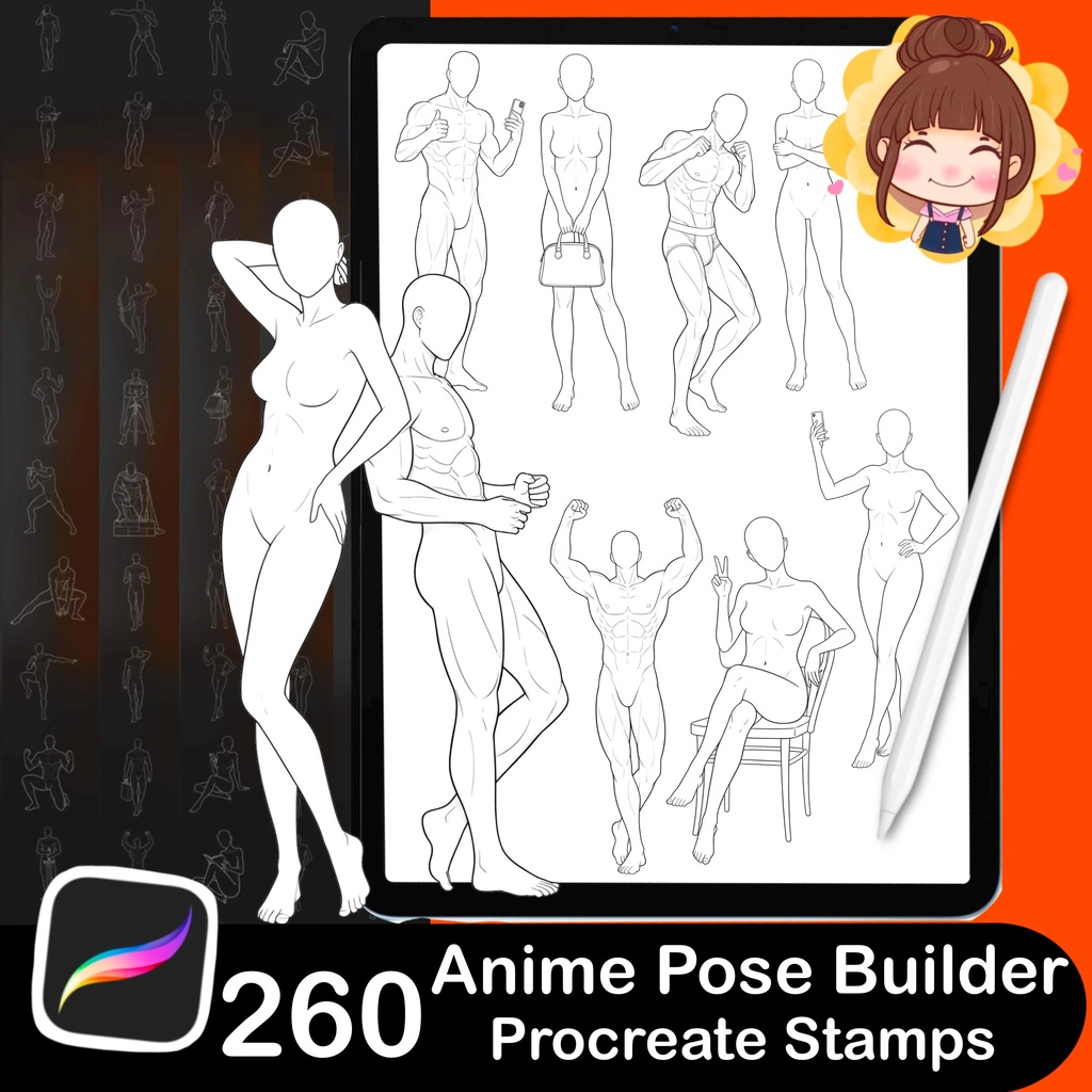 260 Anime Manga Body Poses for Procreate | Male Female Dynamic Stamps (Digital Download)