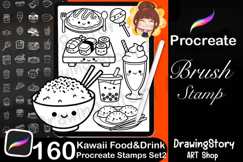 160 Kawaii Food & Drink Procreate Stamp Brushes Set2 | Cute Planner Food Icons Set2 | Kawaii Dessert Coffee Stamps Set2