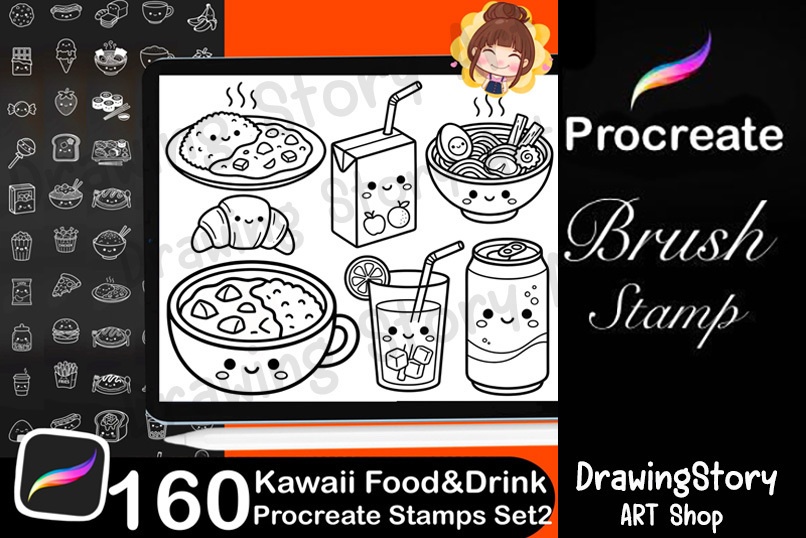 160 Kawaii Food & Drink Procreate Stamp Brushes Set2 | Cute Planner Food Icons Set2 | Kawaii Dessert Coffee Stamps Set2
