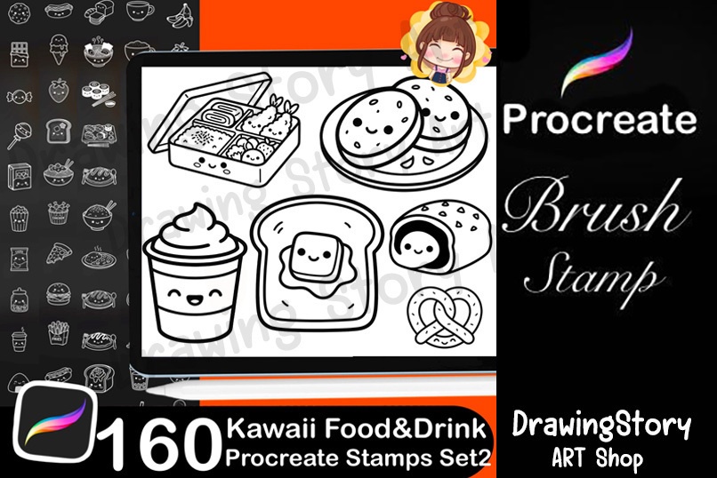 160 Kawaii Food & Drink Procreate Stamp Brushes Set2 | Cute Planner Food Icons Set2 | Kawaii Dessert Coffee Stamps Set2