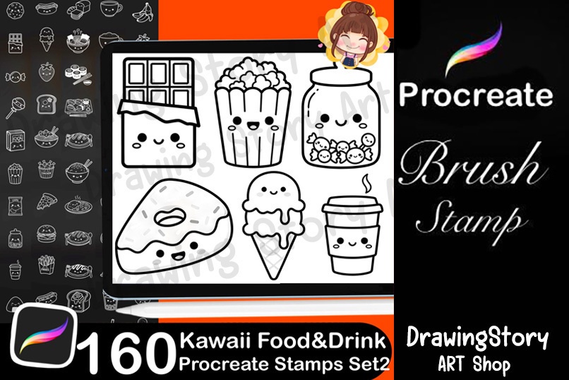 160 Kawaii Food & Drink Procreate Stamp Brushes Set2 | Cute Planner Food Icons Set2 | Kawaii Dessert Coffee Stamps Set2
