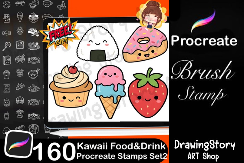 160 Kawaii Food & Drink Procreate Stamp Brushes Set2 | Cute Planner Food Icons Set2 | Kawaii Dessert Coffee Stamps Set2