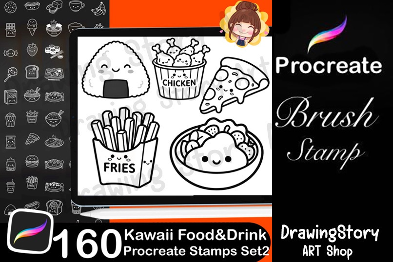 160 Kawaii Food & Drink Procreate Stamp Brushes Set2 | Cute Planner Food Icons Set2 | Kawaii Dessert Coffee Stamps Set2