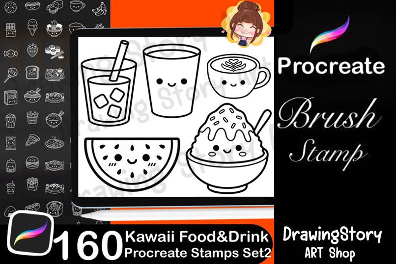 160 Kawaii Food & Drink Procreate Stamp Brushes Set2 | Cute Planner Food Icons Set2 | Kawaii Dessert Coffee Stamps Set2
